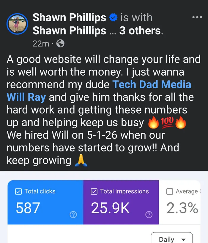 Shawn Phillips' own Facebook post recommending Tech Dad Media, with his Google Search Console totals of 587 clicks and 25.9K impressions