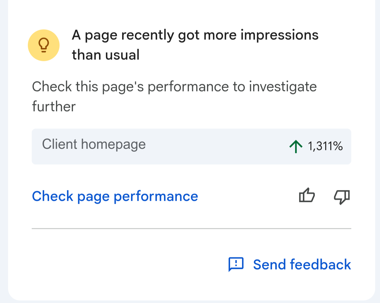 Google Search Console insight card reading a page recently got more impressions than usual, showing the client homepage up 1,311 percent